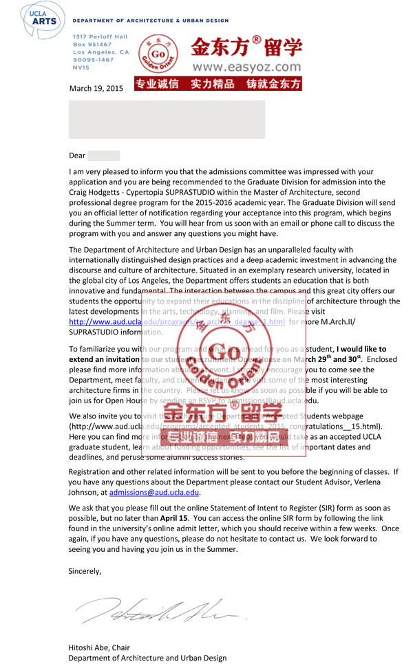 恭喜Y同学获得UCLA建筑学硕士录取